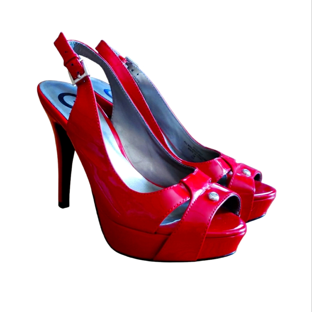 Guess Cathy Sexy Red Patent Leather Peep-Toe Sling Back Pumps Size 7